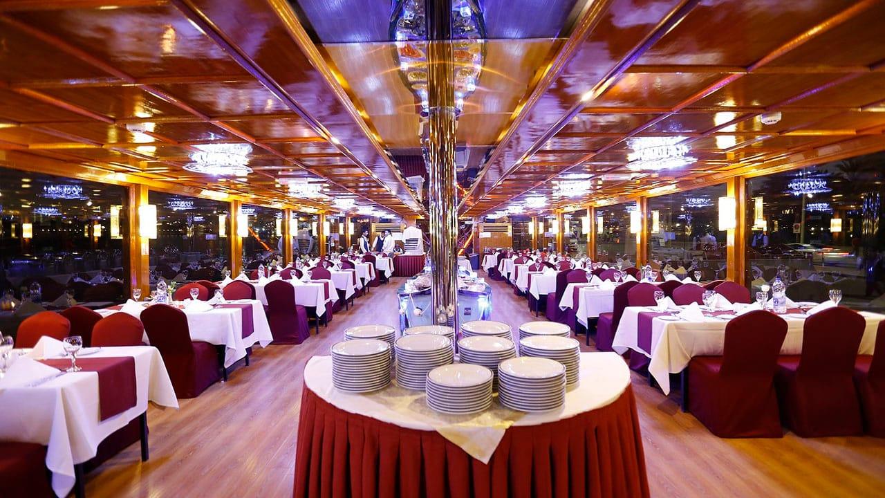 Colourful lights and decorations on Alexandra dhow cruise Dubai Marina