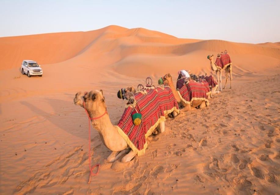 Tourist riding camel through red sand dunes in Dubai desert