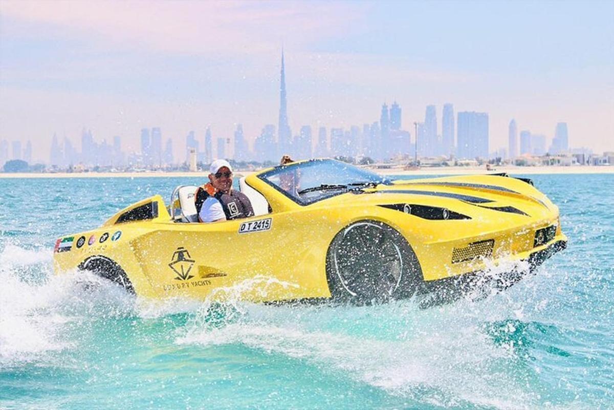 Jet car ride with Dubai Marina skyline view during water adventure