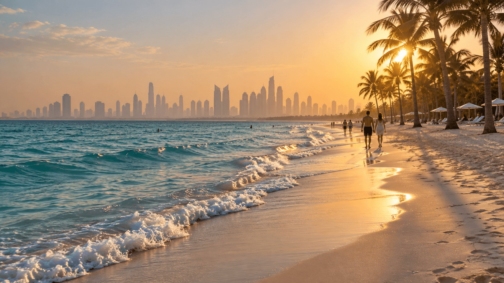 Calm beach and turquoise sea at golden hour with palm trees along the shore