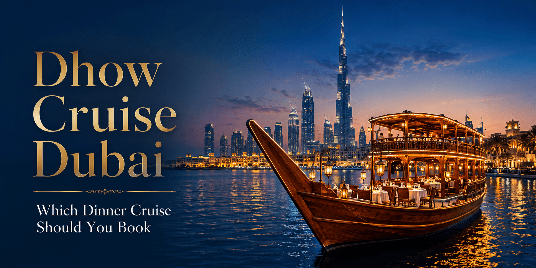 Dhow dinner cruise Dubai Marina - traditional boat with city skyline at night