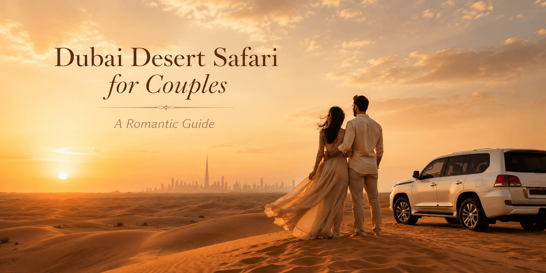 Romantic desert safari for couples in Dubai - sunset over golden dunes